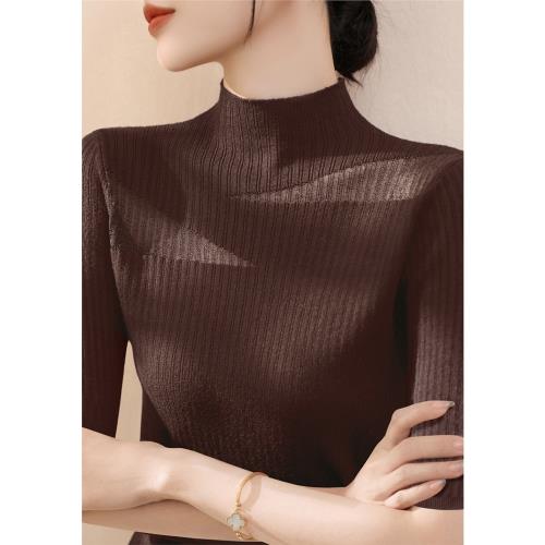 2024新款夏季薄款網紗鏤空半高領萊賽爾天絲蕾絲中袖針織冰絲上衣