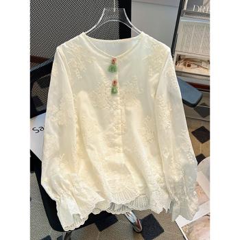 品牌折扣2025早春新款新中式國風提花刺繡蕾絲衫長袖襯衫上衣女裝
