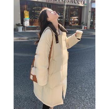 燈芯絨拼接羽絨服女冬季2025新款設計感韓系簡約中長款白鴨絨外套