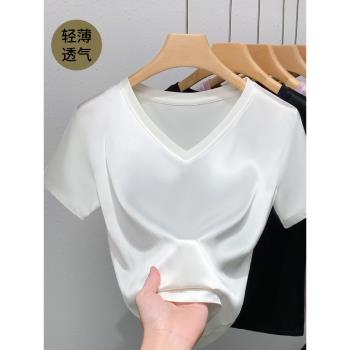 醋酸冰絲T恤女V領白色短袖夏季2025新款洋氣修身高階絲滑緞面上衣