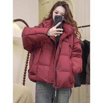 羽絨棉服女冬季2025新款高階感時尚拼接安可拉紅小個子短款厚外套