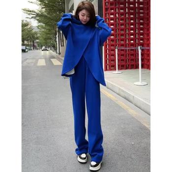 春秋高階感克萊因藍運動套裝女時尚洋氣設計感別致開叉衛衣闊腿褲