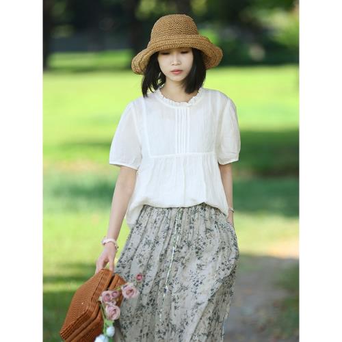 澳希美2025年夏季新款純亞麻白色女士短袖上衣木耳邊寬松日系襯衫