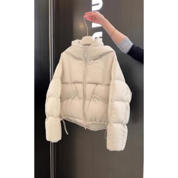 米白色短款連帽抽繩棉服外套女冬季韓系簡約外穿保暖輕薄棉衣上衣