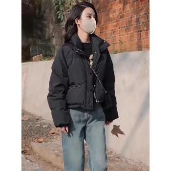 羽絨棉服女短款2025冬季新款寬松加厚小個子立領黑色麵包服短外套