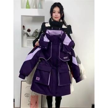 撞色沖鋒衣羽絨服女2025年新款冬季寬松收腰派克服連帽工裝厚外套