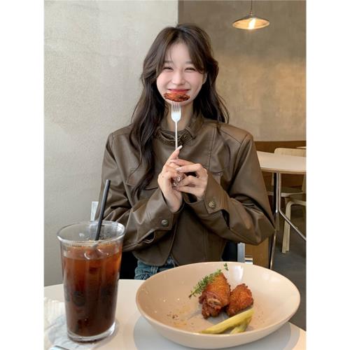 美拉德棕色pu皮衣外套女短款小個子春秋2025新款美式復古機車夾克