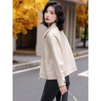 海寧綿羊皮真皮皮衣外套女款2024新款短款春秋高階感小個子皮夾克