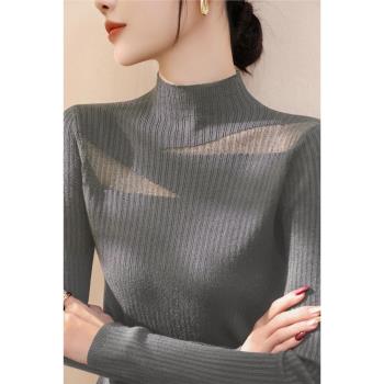 2025年蕾絲鏤空拼接上衣女打底法式半高領羊毛網紗針織衫春季新款