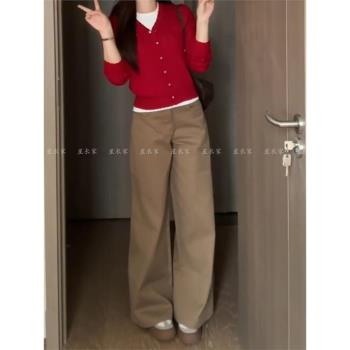 美式卡其色復古休閑闊腿褲子女夏季垂感寬松bf慵懶風直筒拖地長褲
