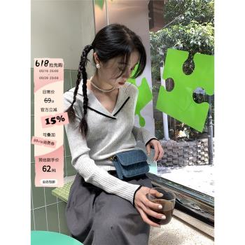 馨幫幫 V領長袖上衣女設計感小眾初秋新款套頭翻領修身打底針織衫