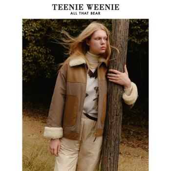 TeenieWeenie小熊女裝外套冬季仿羊羔絨翻領拼接大衣上衣