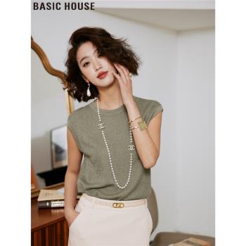 Basic House/百家好復古提花飛飛袖寬松薄款冰絲針織衫上衣女夏季