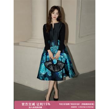 秋冬復古赫本印花名媛禮服小黑裙