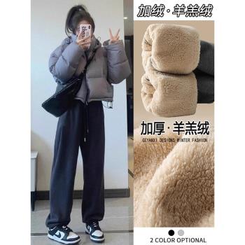 加絨褲子女秋冬束腳休閑衛褲羊羔絨冬季加厚棉褲小個子八分運動褲