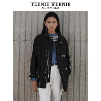 TeenieWeenie小熊女裝春季飛機扣翻領機車pu皮衣外套美式黑色夾克