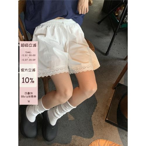 馨幫幫自制蕾絲花邊白色短褲女夏季松弛感寬松居家外穿運動休閑褲