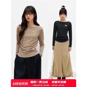 PSO Brand180克彈力針織刺繡小狗一字領收腰長袖女生春季修身上衣
