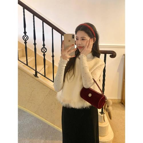 烏77溫柔風疊穿毛邊圓領馬甲女韓系外搭無袖坎肩圈圈毛呢背心上衣