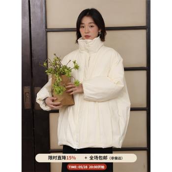 BLUEerror 紙感加厚保暖立領黑色輕薄羽絨服女鴨絨寬松外套冬季