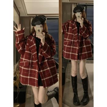 紅色格子毛呢外套女冬季2025大碼胖mm寬松高階感加棉加厚呢子大衣