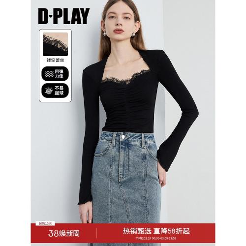 DPLAY秋季氣質黑色打底衫方領修身蕾絲打底內搭女上衣t恤