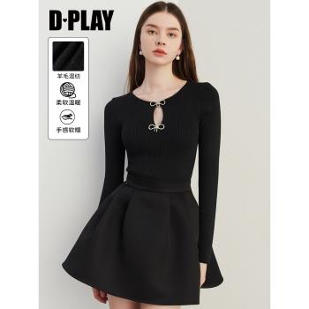DPLAY2025春季新款黑色針織衫長袖修身蝴蝶結打底衫女上衣毛衫