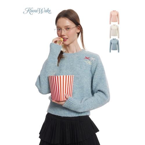 knowwake韓系學院風甜美蝴蝶結圓領毛衣女冬季新款寬松針織衫上衣