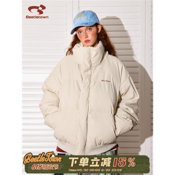 BEETLE TOWN冬季PU皮立領棉服女冬美式寬松防風保暖加厚棉衣外套