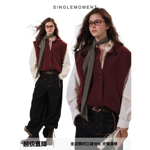SINGLE MOMENT 安哥拉紅羊毛混紡重磅花紗新年針織開衫背心馬甲女