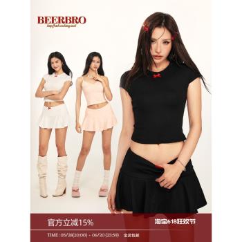 BeerBro 美式復古辣妹風少女感蝴蝶結修身T恤女高腰半身裙三件套
