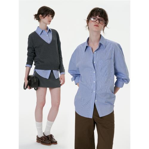 SEEKSIMPLE 社交達人 藍白條紋寬松襯衫冷淡系高級感上衣女春秋