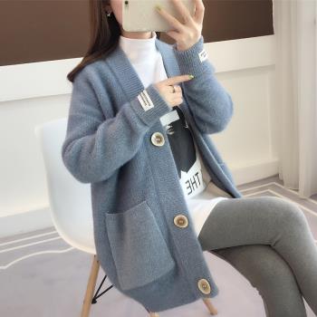 韓國中長款水貂絨毛衣外套女春秋單排扣慵懶韓版寬松百搭針織開衫