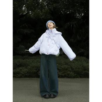韓系條紋短款麵包服女2025年冬季設計感小眾寬松加厚百搭連帽棉服