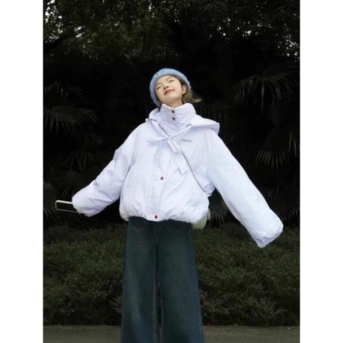 韓系條紋短款面包服女2025年冬季設計感小眾寬松加厚百搭連帽棉服
