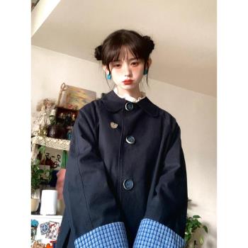撞色拼接長袖簡約風衣外套女2025年春季新款英倫風中長款寬松大衣