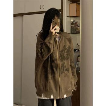美式復古扎染設計感小眾加厚毛衣外套女冬季長袖拉鏈開衫針織上衣