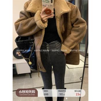 羊羔毛麂皮兩面穿加厚外套女冬季美式復古百搭寬松做舊加厚機車服