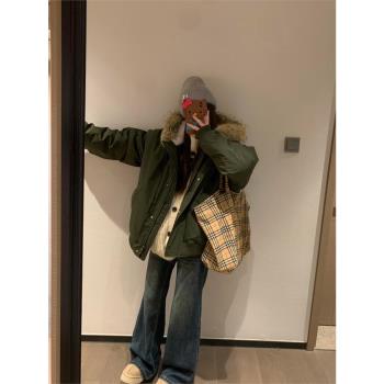 美式復古oversize大毛領連帽棉服外套女冬季加厚保暖百搭棉襖棉衣