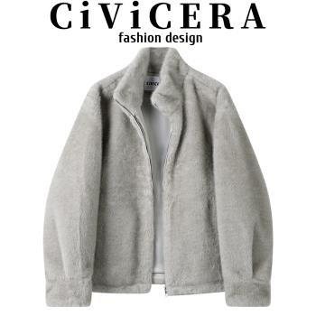 CIVICERA高階感仿水貂絨立領短外套女秋冬氣質環保皮草毛絨絨上衣