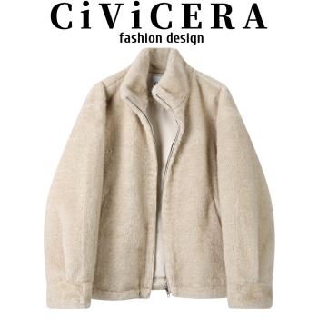 CIVICERA超好看立領毛絨絨外套女秋冬高階感環保皮草仿水貂絨上衣