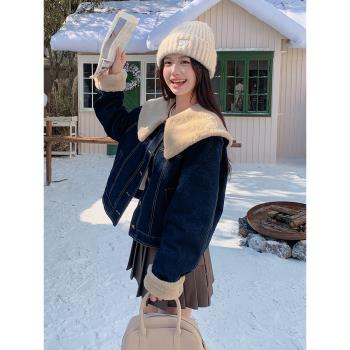 羊羔毛大翻領牛仔外套女冬季2024新款羽絨服內膽小個子短款設計感