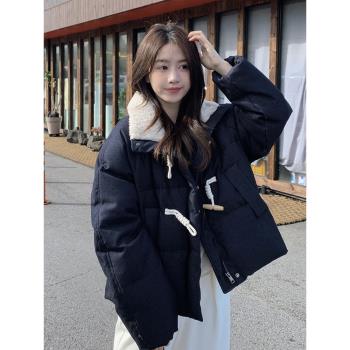藏藍色羊羔毛立領羽絨服女短款2024年冬季學院風減齡牛角扣麵包服