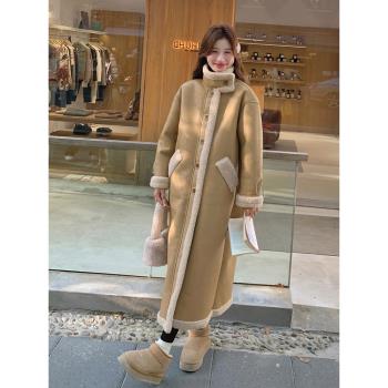 卡其長款皮毛一體羊羔毛外女冬季2024新款韓版寬松加厚麂皮絨大衣