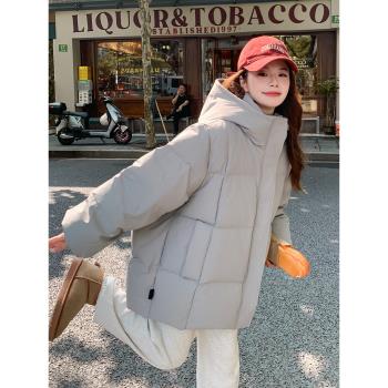 灰色短款羽絨棉服女冬季2024新款韓版連帽寬松麵包服加厚棉衣外套