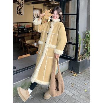 黃色兩面穿羊羔毛外套女冬季2024新款軟糯毛茸茸皮毛一體長款大衣