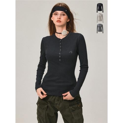 MoodBerry美式復古半開領長袖T恤女秋冬辣妹修身打底衫內搭上衣服