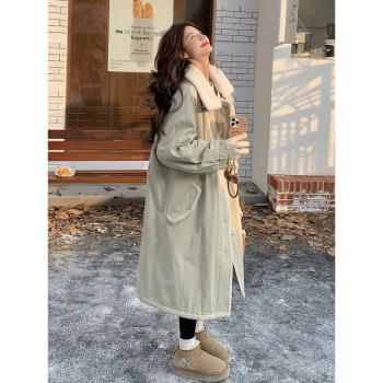 羊羔毛領工裝派克服女2024年新款冬季韓版寬松中長款加絨加厚外套