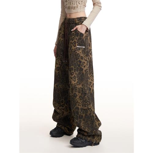 RESUMM豹紋褲子女美式衛褲寬松直筒嘻哈街舞hiphop潮牌工裝休閑褲