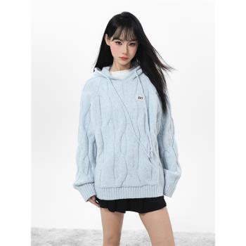 藍色麻花套頭連帽針織毛衣女秋冬季多巴胺軟糯慵懶風加厚衛衣外套
